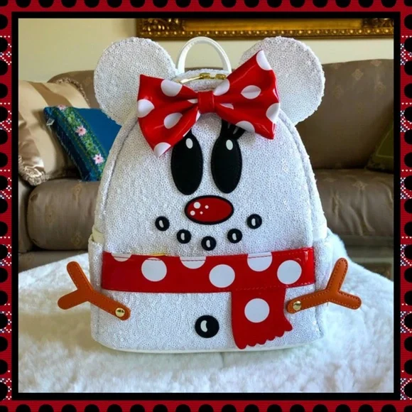 Loungefly White Sequin Mickey Snowman Backpack with Red Hat & Scarf s-l400.jpg main image 3